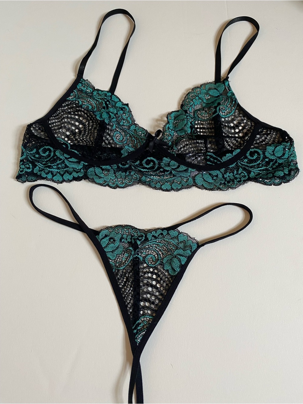 Teal and Black Lace Bralette & Thong Set / L